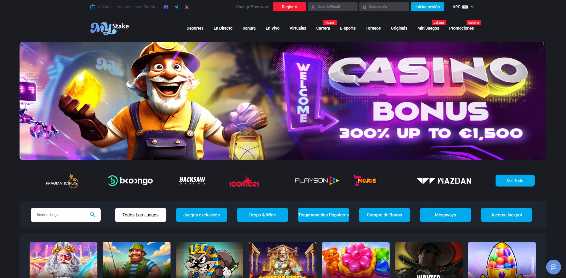Lobby de MyStake Casino con slots casino en vivo y mini-juegos