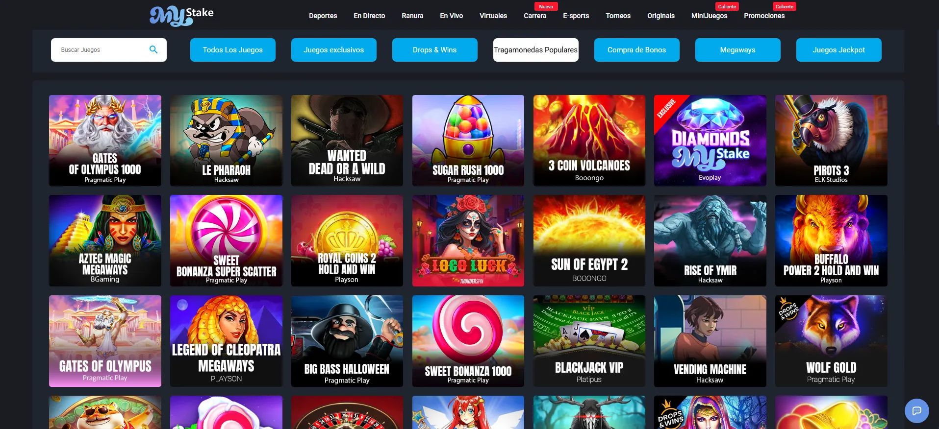 Lobby de slots y juegos destacados de MyStake