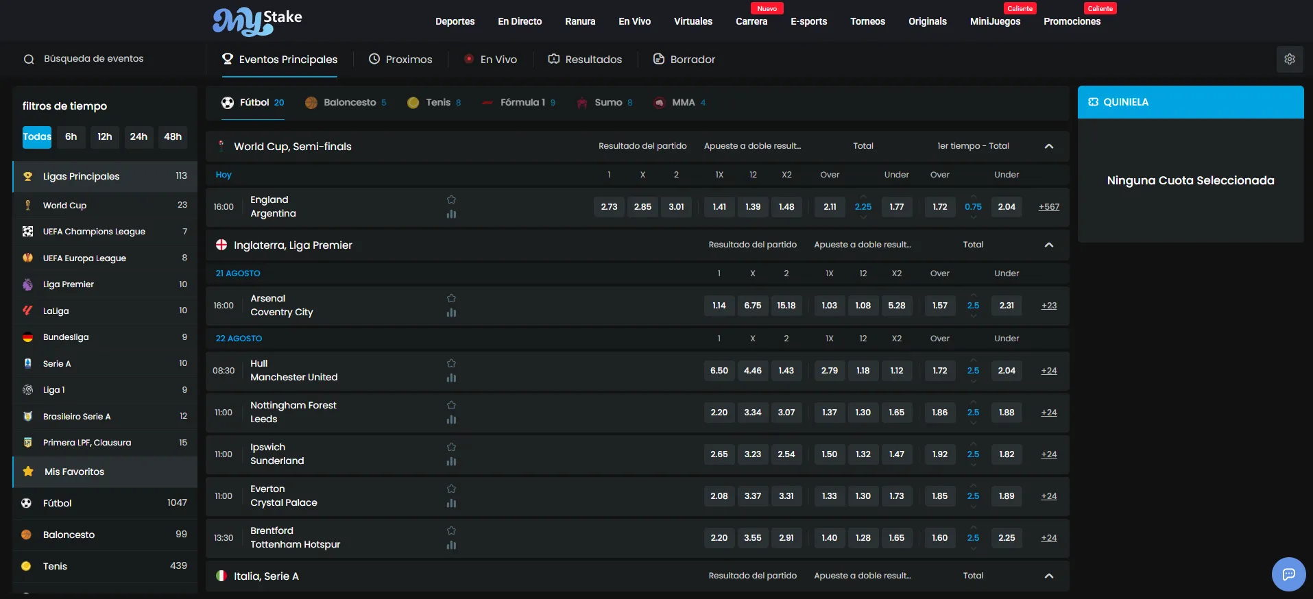 Interfaz de MyStake Deportes con mercados y cuotas