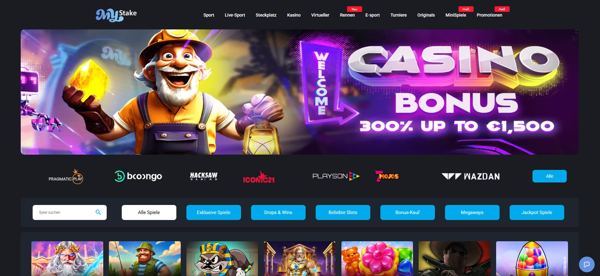 MyStake Casino Slot-Lobby und hervorgehobene Spiele