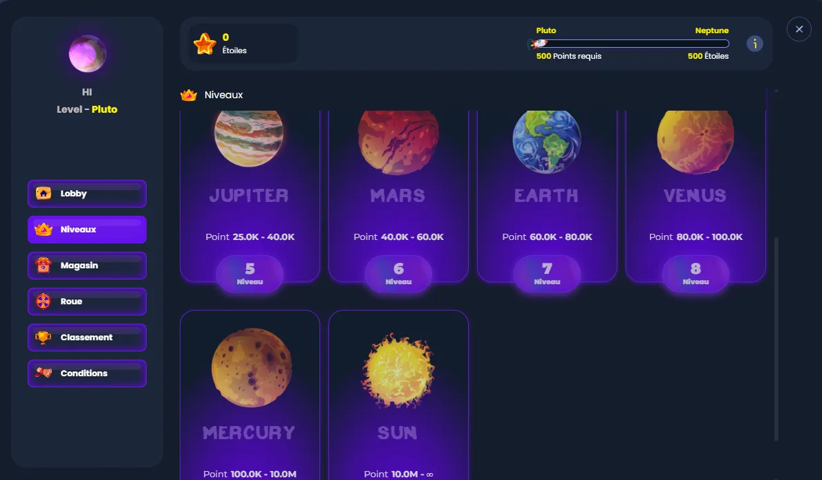 Niveaux et points Stars Galaxy VIP MyStake