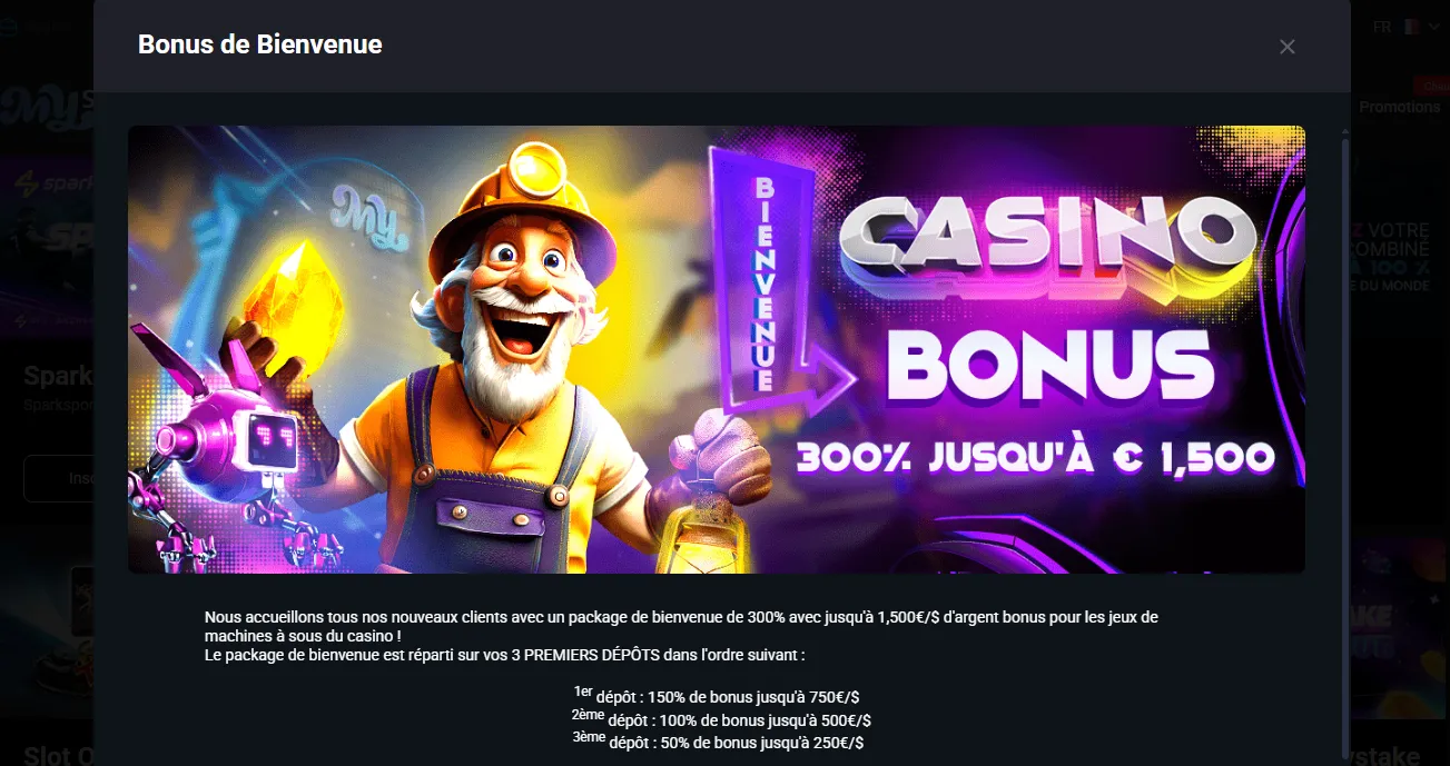 Bonus casino de bienvenue MyStake et offres machines à sous