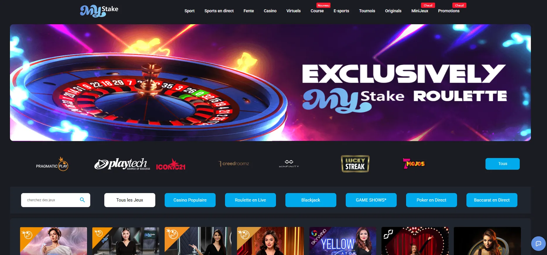 Espace casino MyStake avec machines à sous casino en direct et mini-jeux