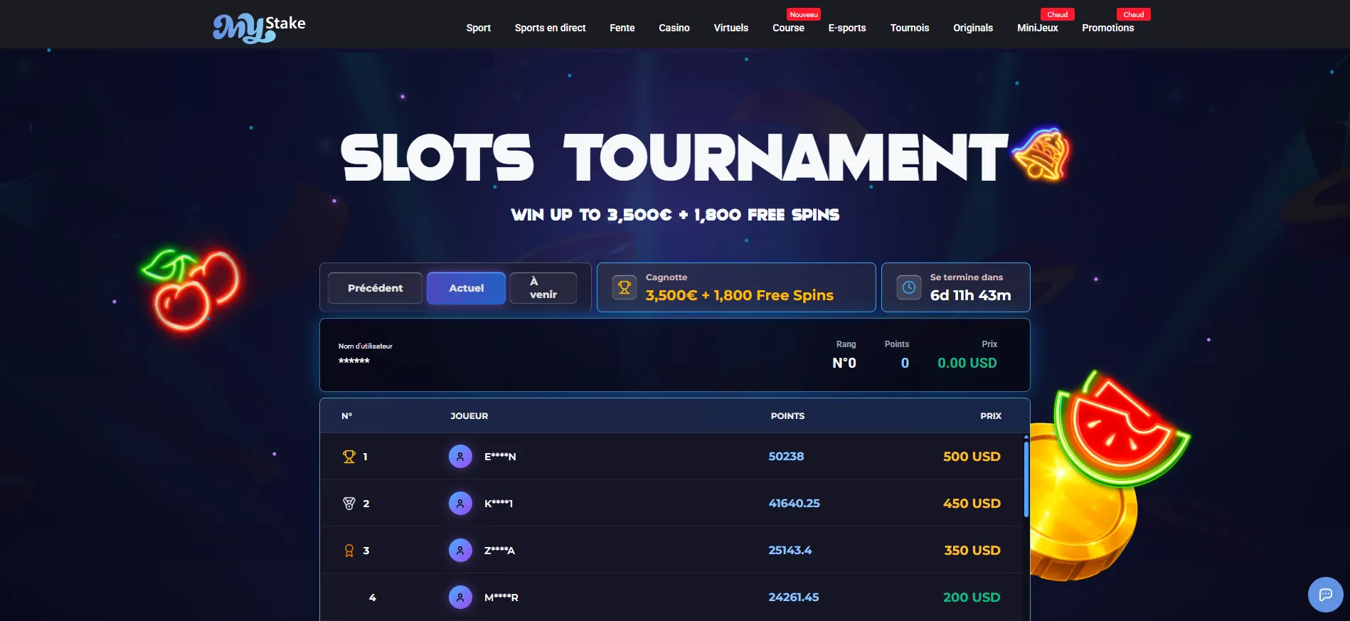 Classement de tournoi casino MyStake et récompenses