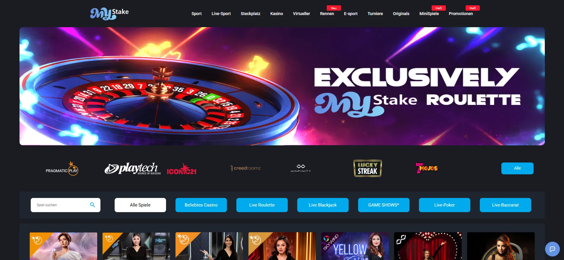 MyStake Casino-Lobby mit Slots Live-Casino und Mini-Games