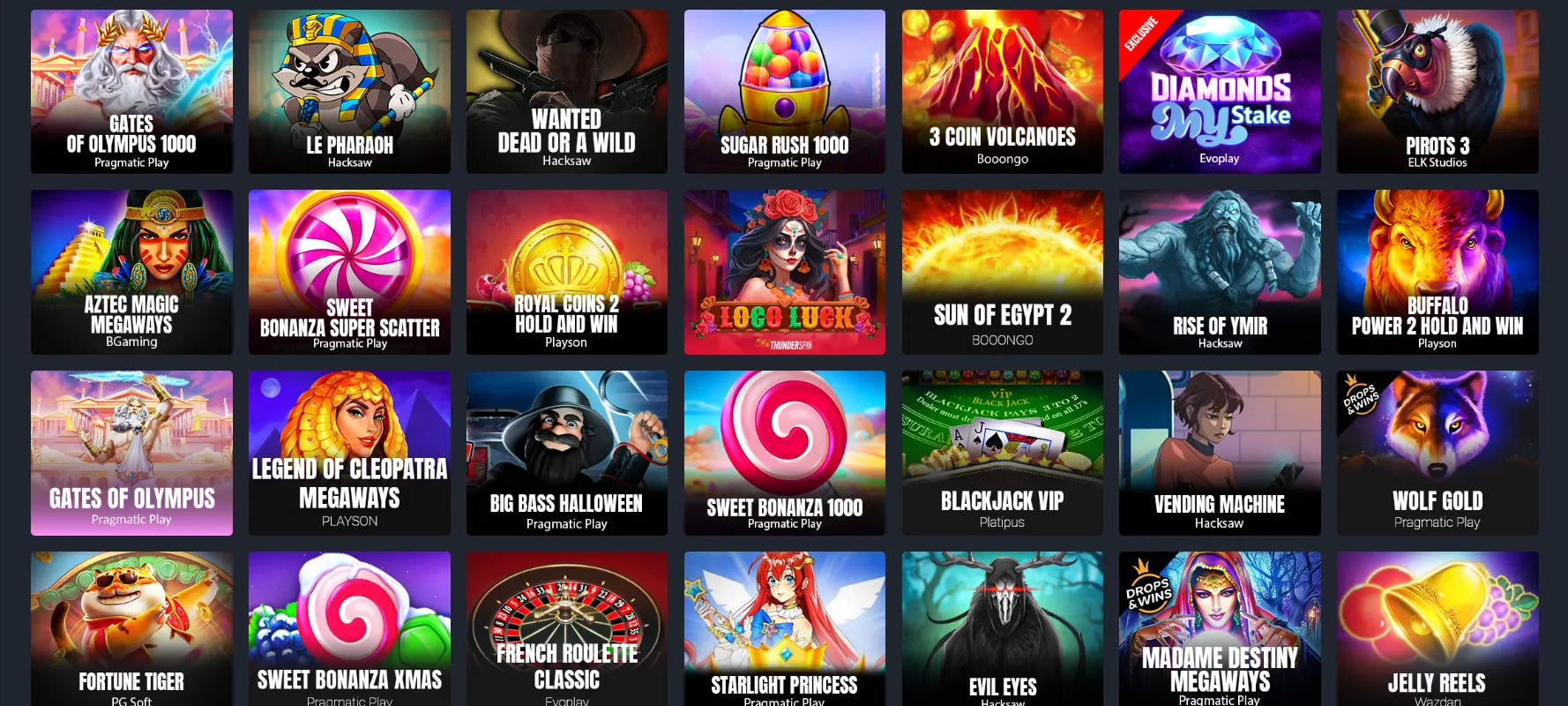 Lobby slotů MyStake Kasino a vybrané hry