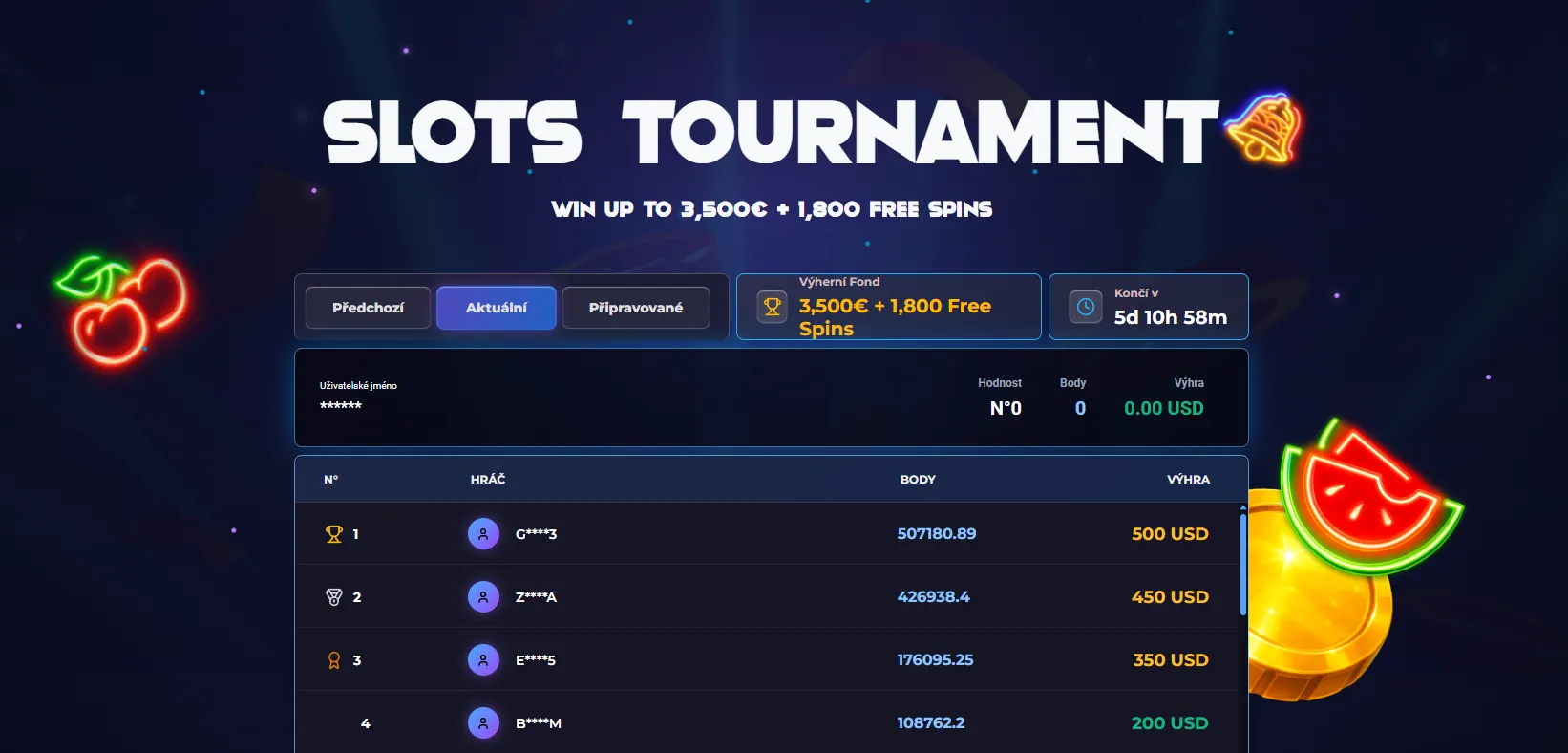 Leaderboard casino turnaje MyStake a odměny