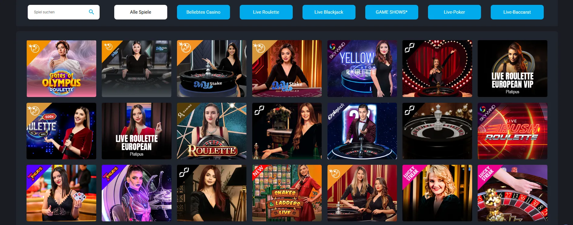 MyStake Live-Casino-Tische und Casino-Spiele