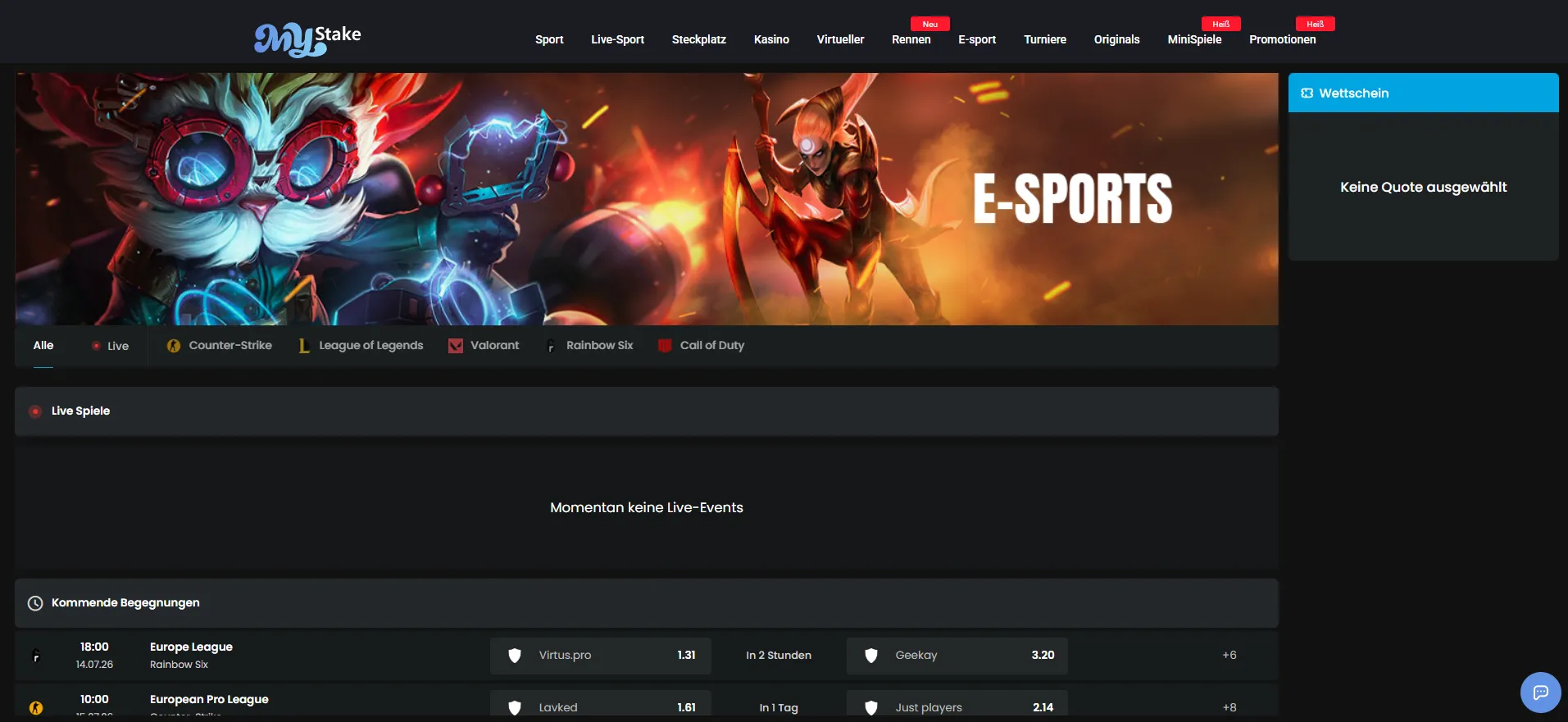 MyStake Esports-Wettmärkte