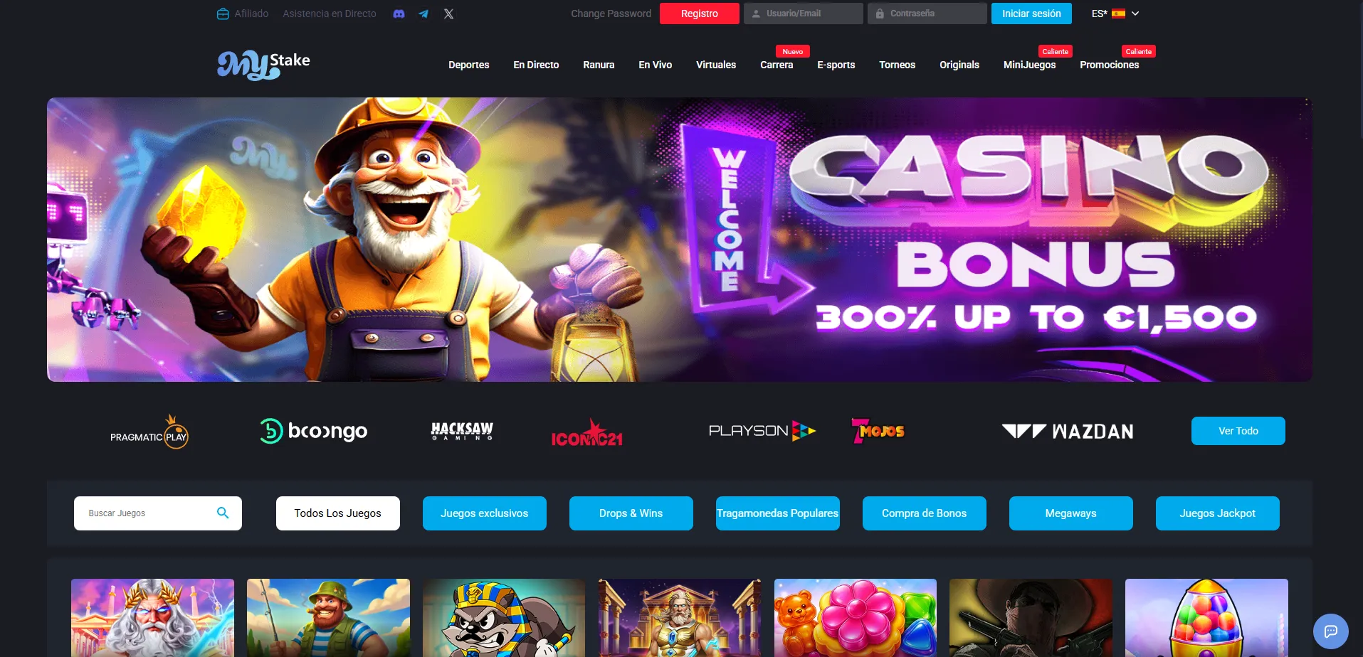 Lobby de MyStake Casino con slots casino en vivo y mini-juegos