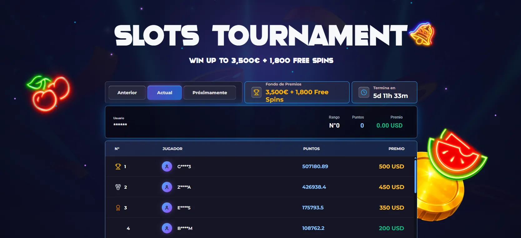 Leaderboard de torneos MyStake Casino y recompensas