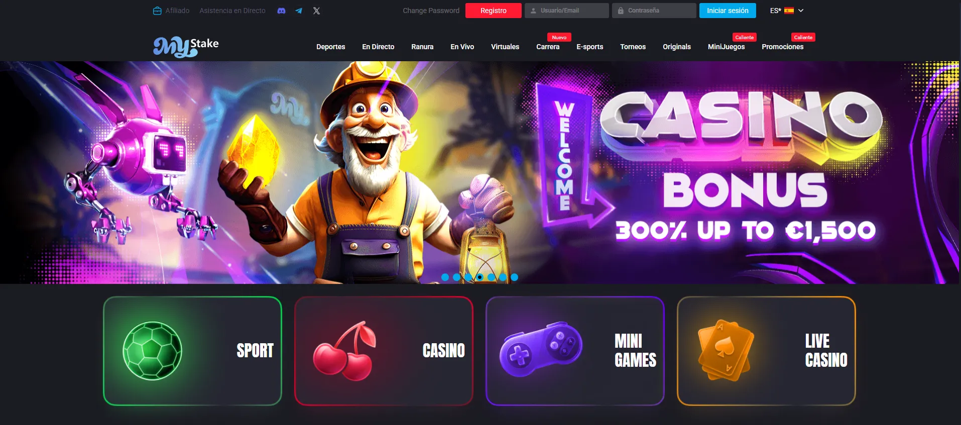 Lobby de MyStake con casino y apuestas deportivas