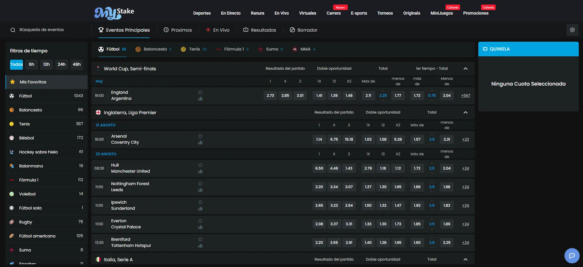 Interfaz de MyStake Deportes con mercados y cuotas