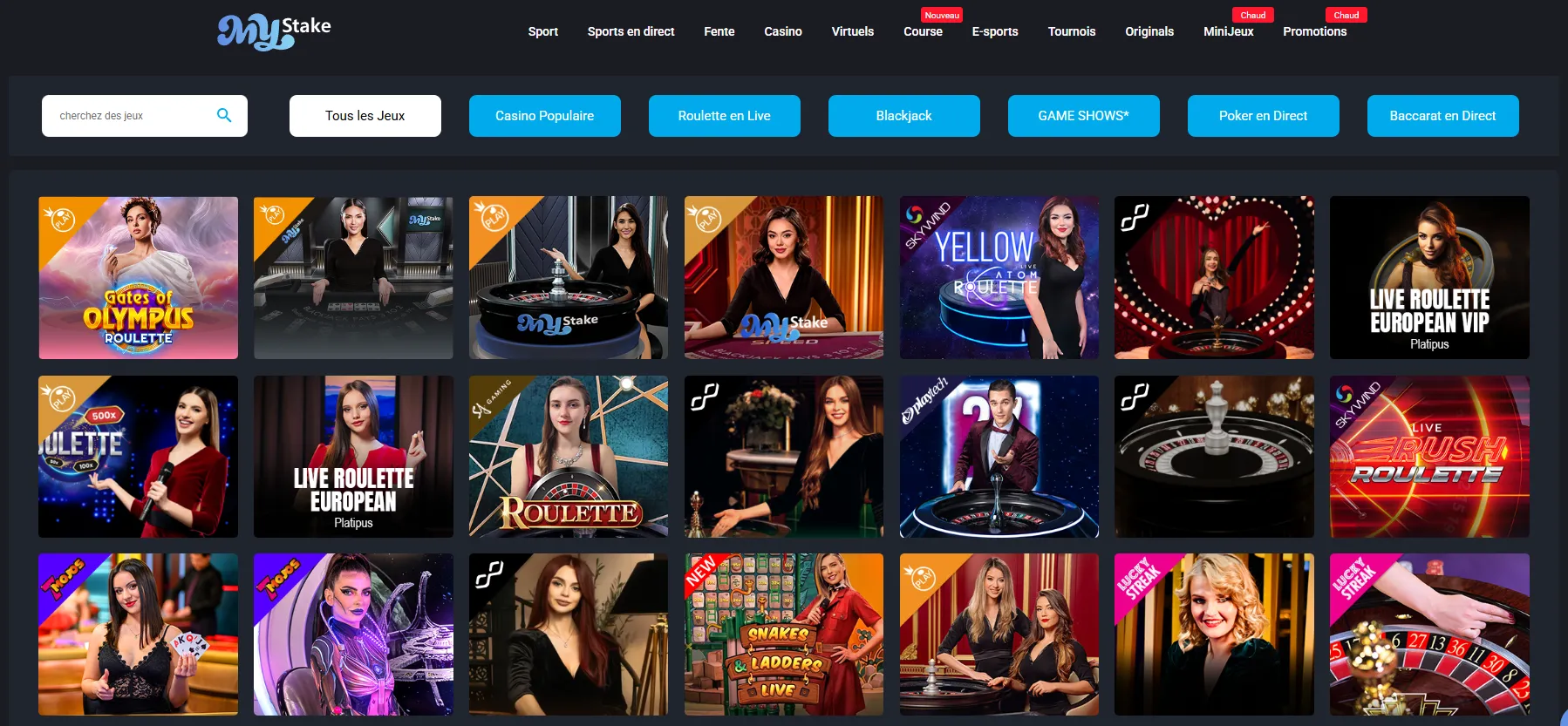 Tables de casino en direct et jeux casino MyStake
