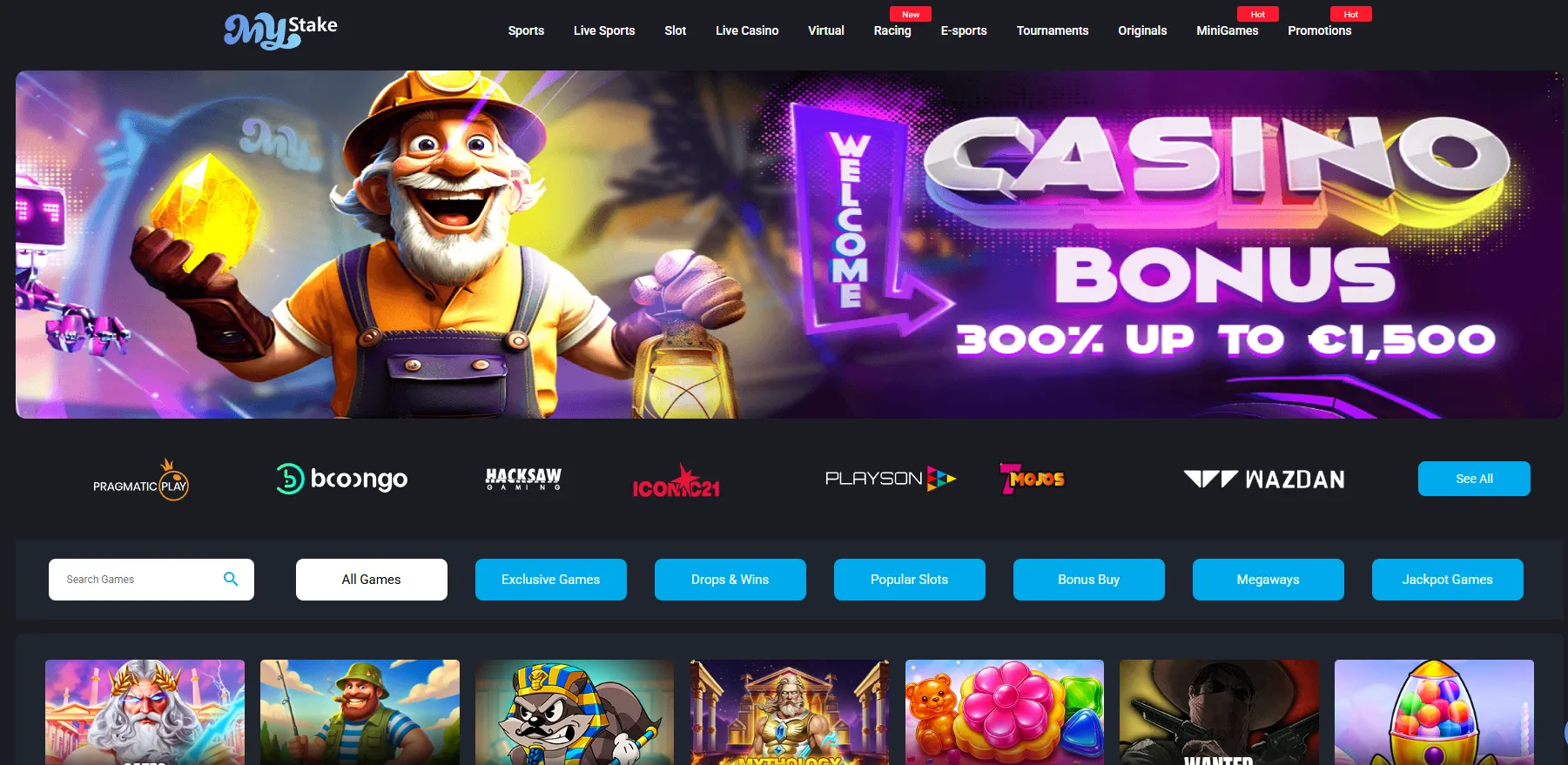 MyStake casino lobby with slots live casino and mini-games