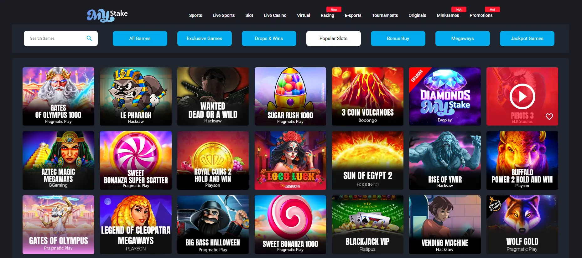 MyStake casino slot lobby and featured games