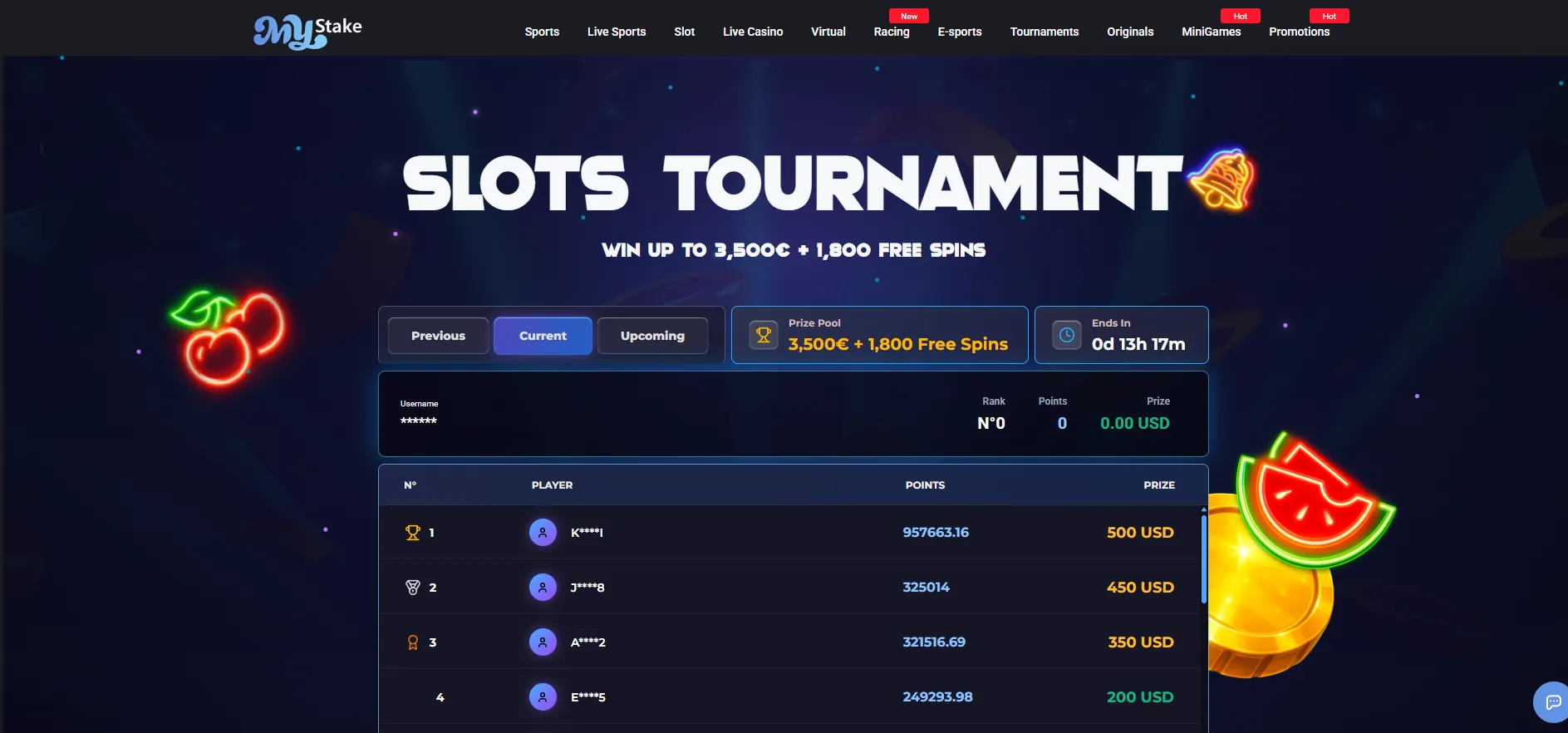 MyStake casino tournament leaderboard and rewards