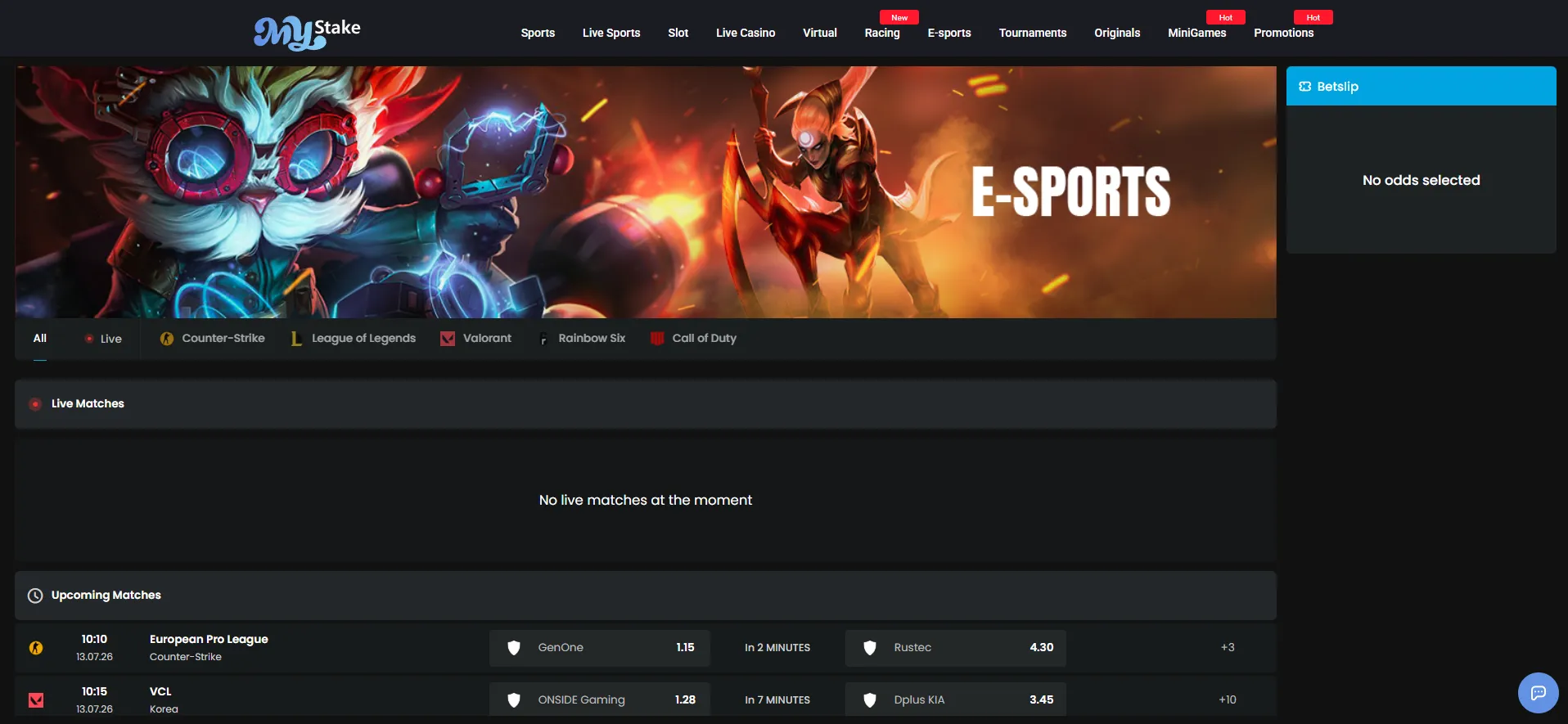 MyStake esports betting markets