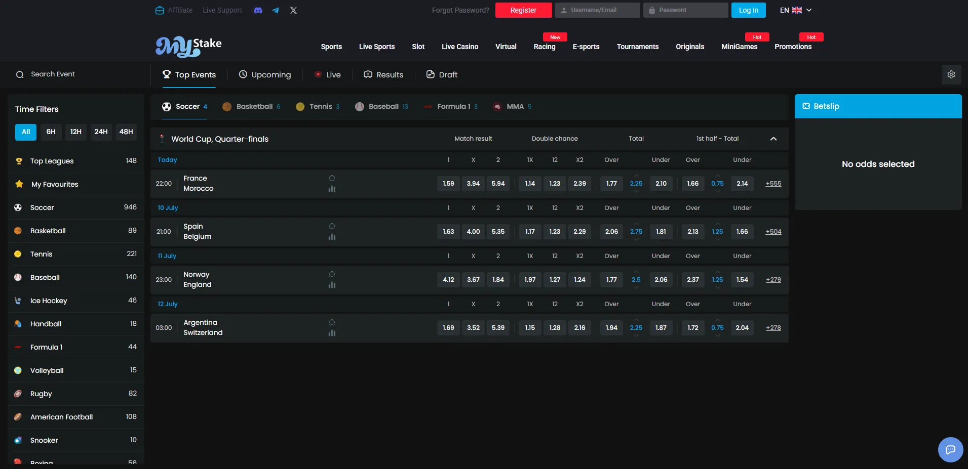 MyStake sportsbook and betting markets