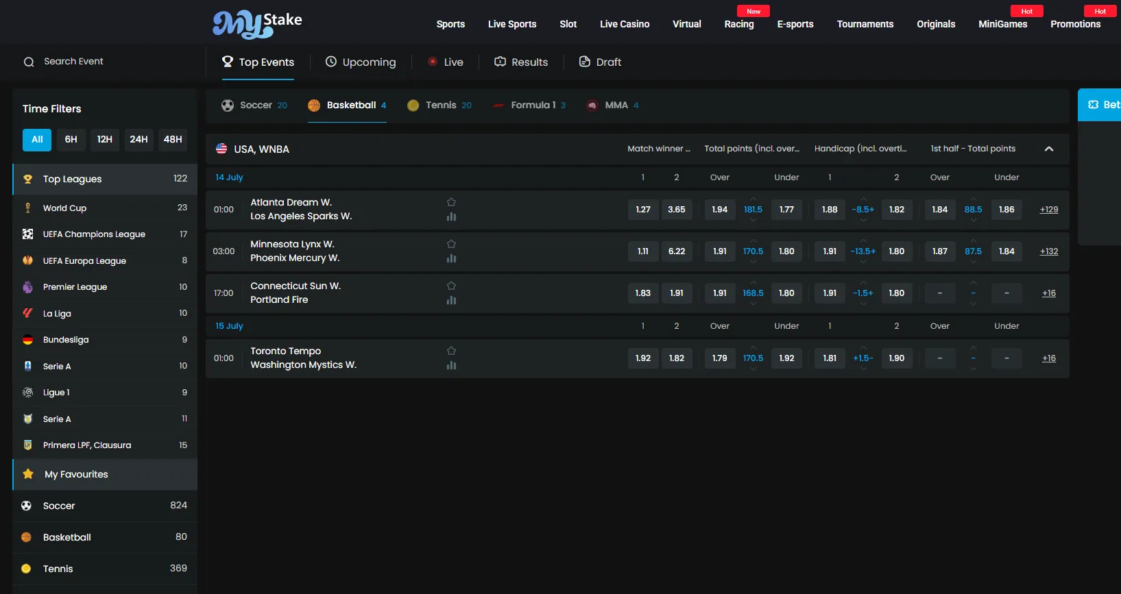 MyStake sports betting markets