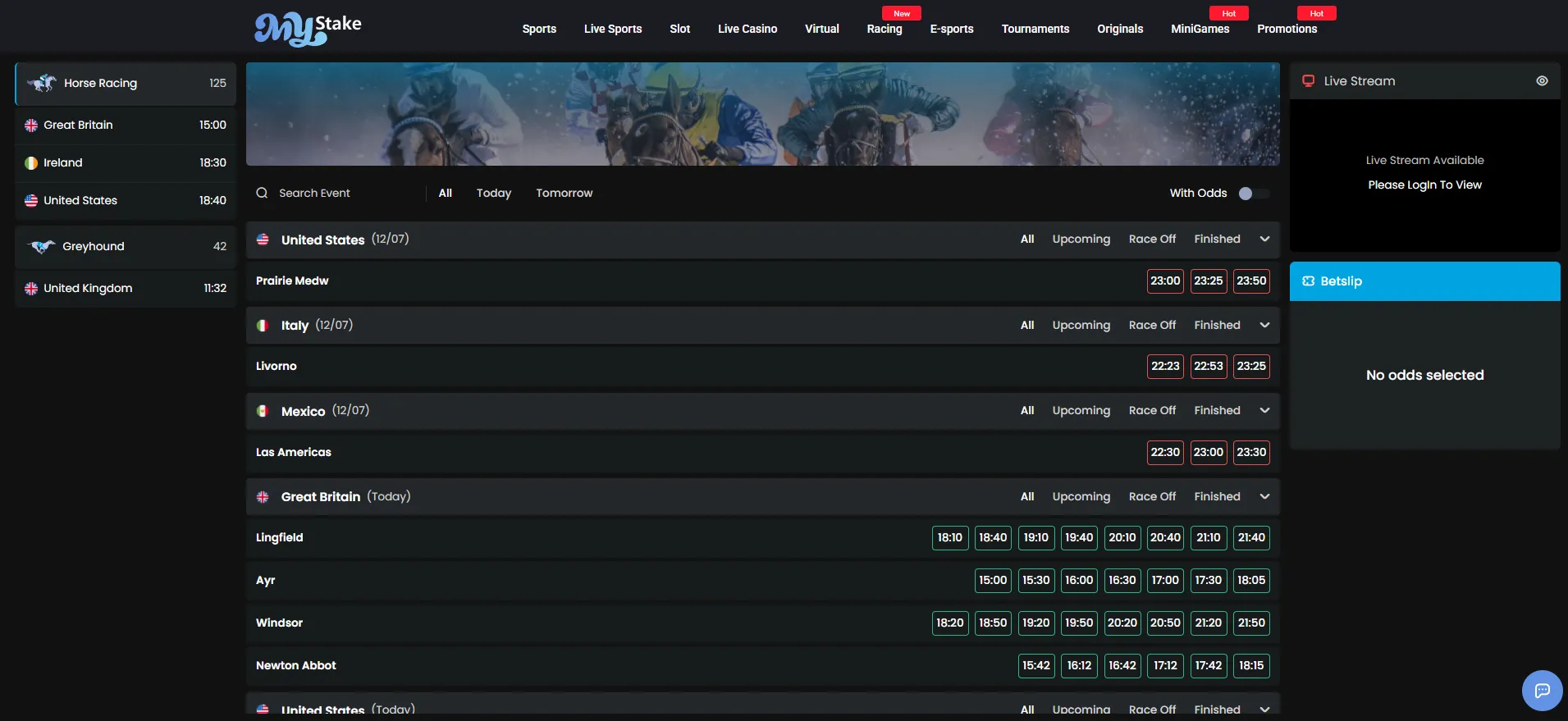 MyStake racing and sportsbook markets