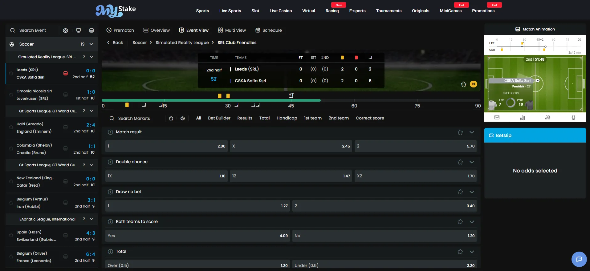 MyStake live betting and in-play odds
