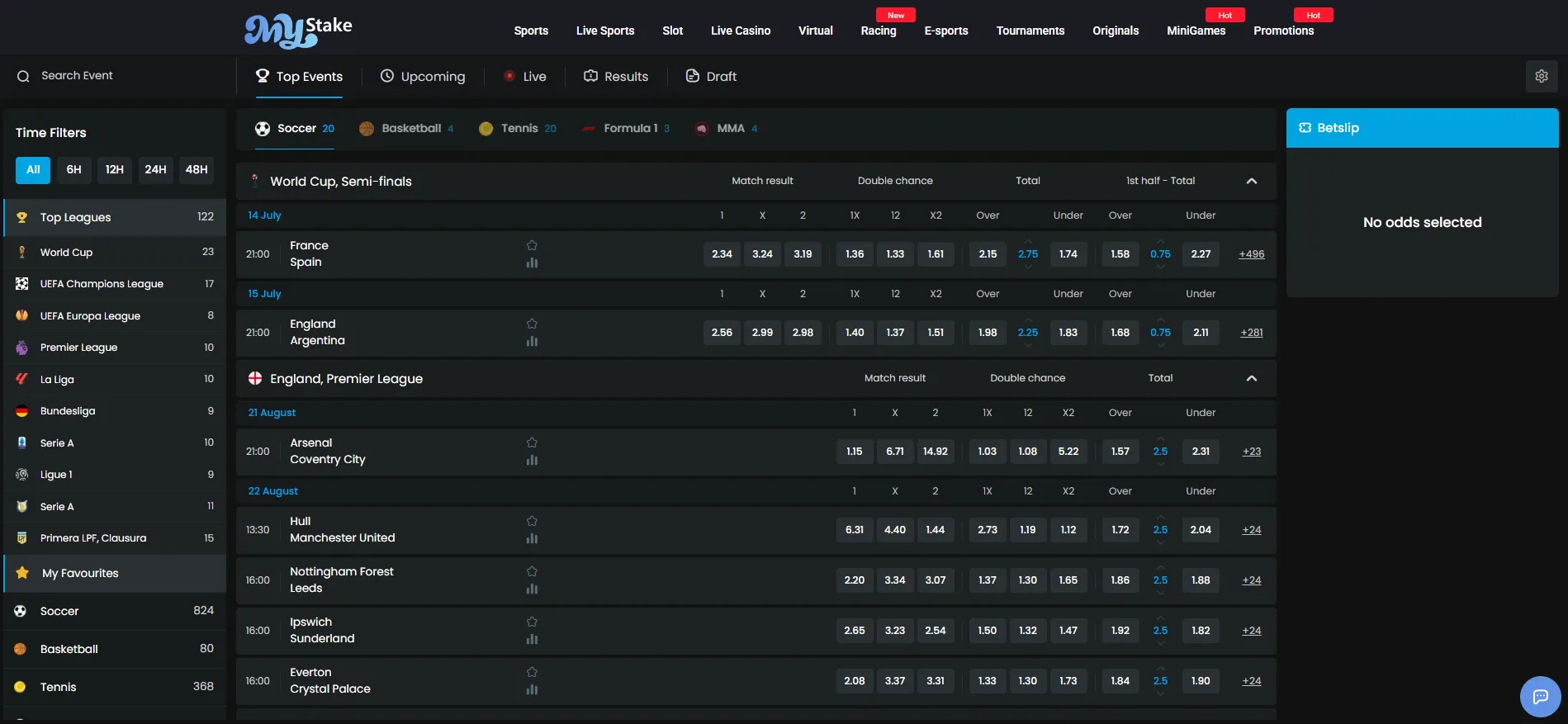 MyStake sportsbook interface with betting markets and odds