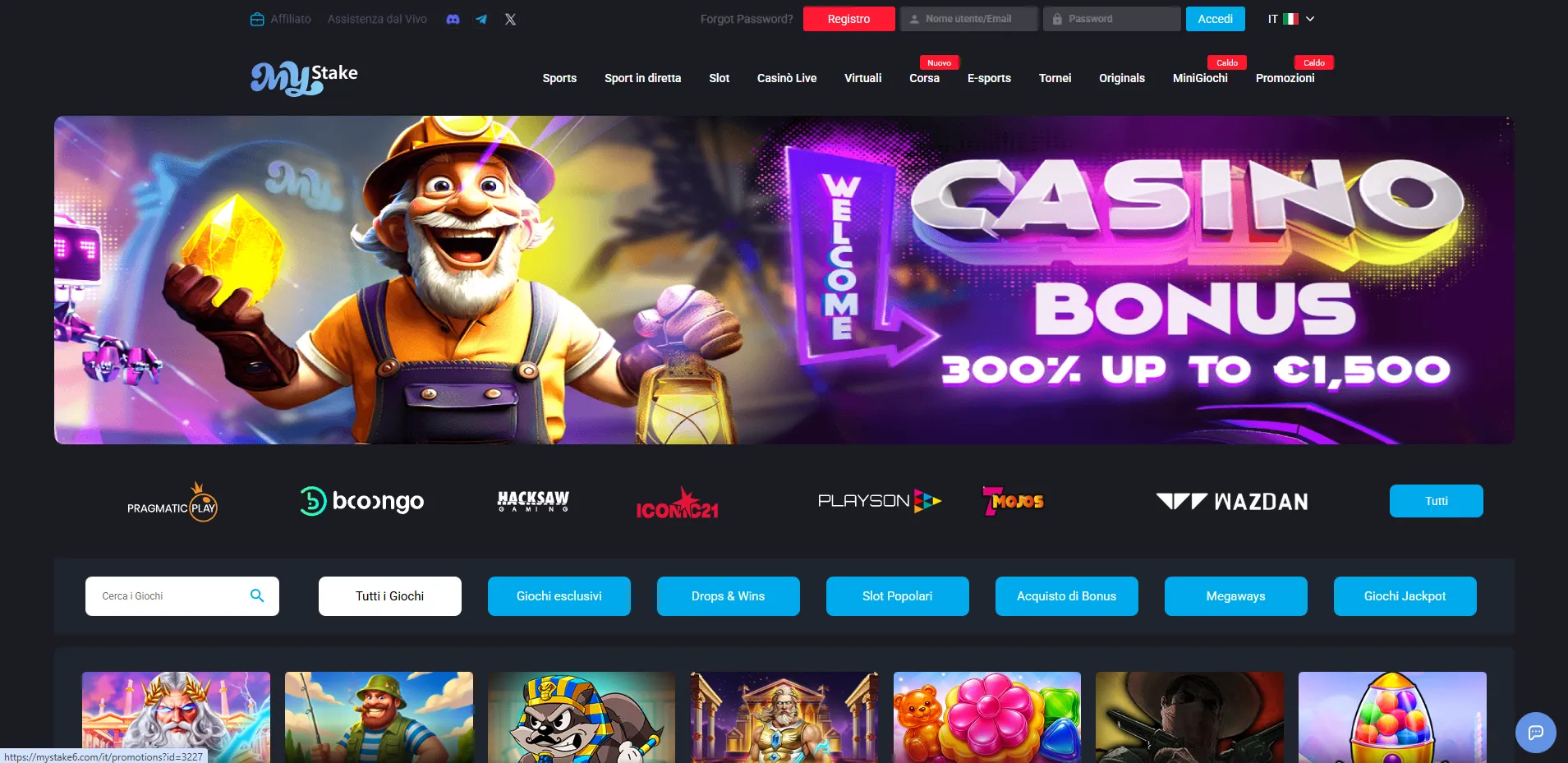 Lobby MyStake Casinò con slot, casinò dal vivo e mini giochi
