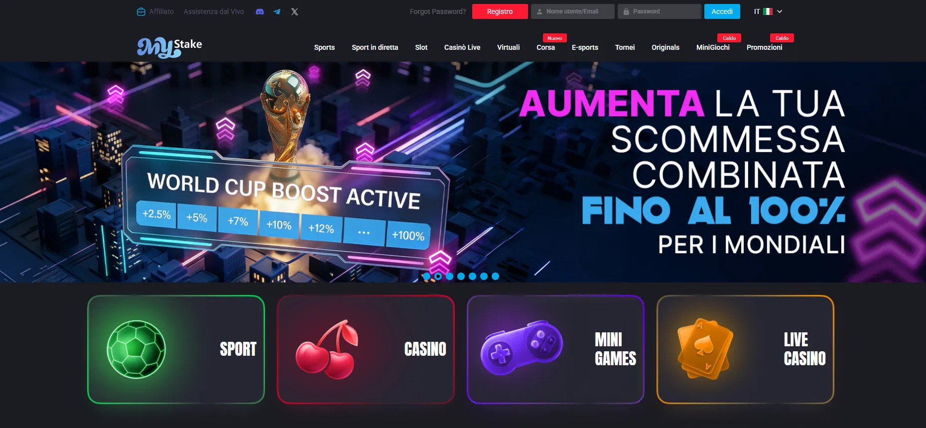 Lobby MyStake con casinò e scommesse sportive